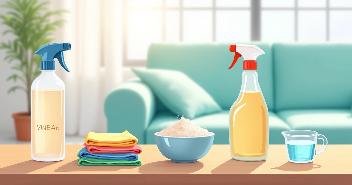 Produtos de limpeza caseira dispostos para limpar sofá 