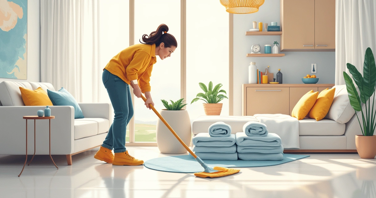 Professional cleaning a vacation home before check-in 