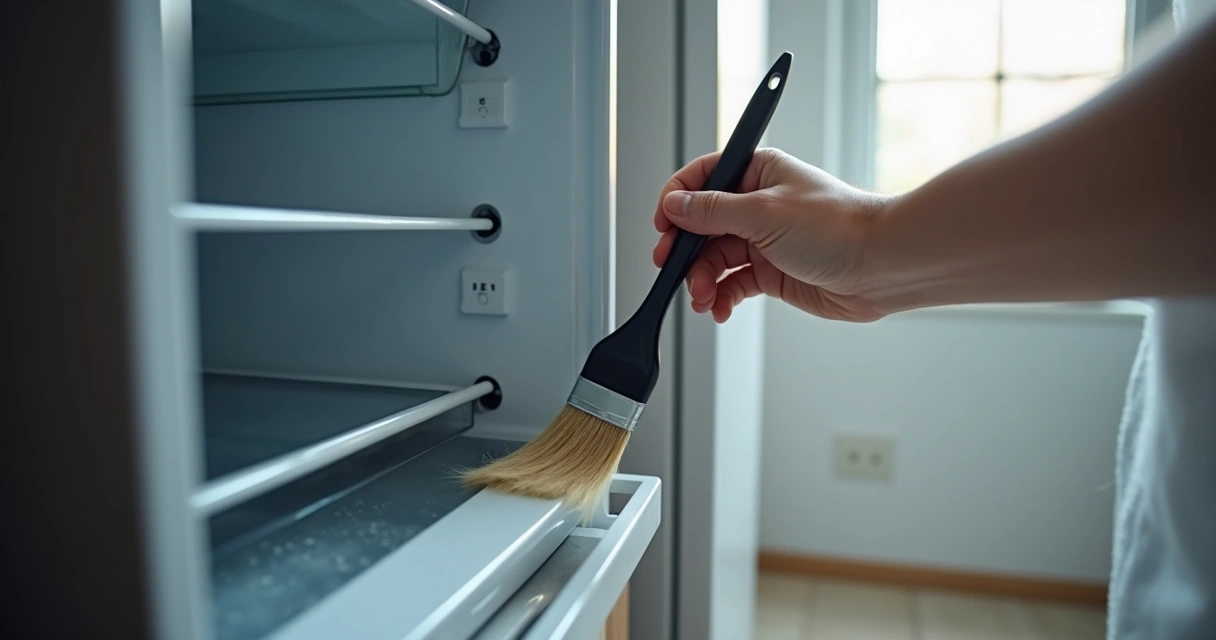 Pessoa limpando o condensador de uma geladeira aberta com um pincel 