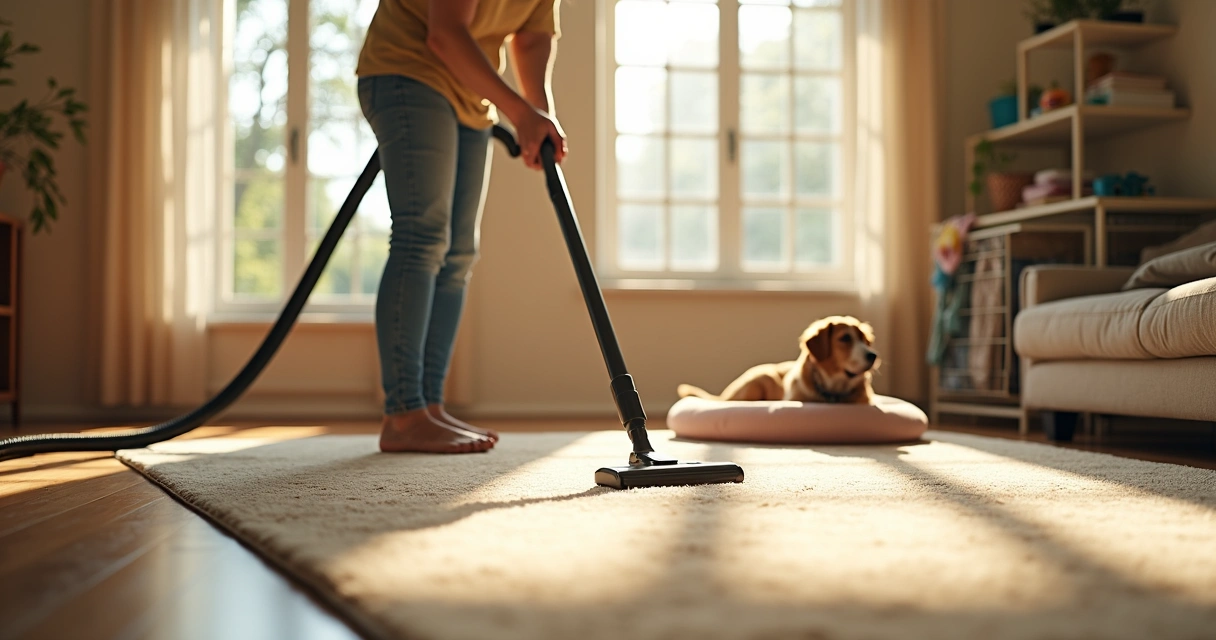 Pessoa aspirando tapete para eliminar pulgas 