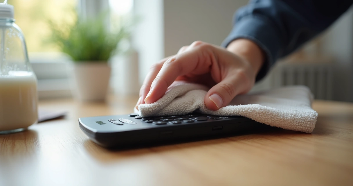 Mão limpando controle remoto do portão com pano seco