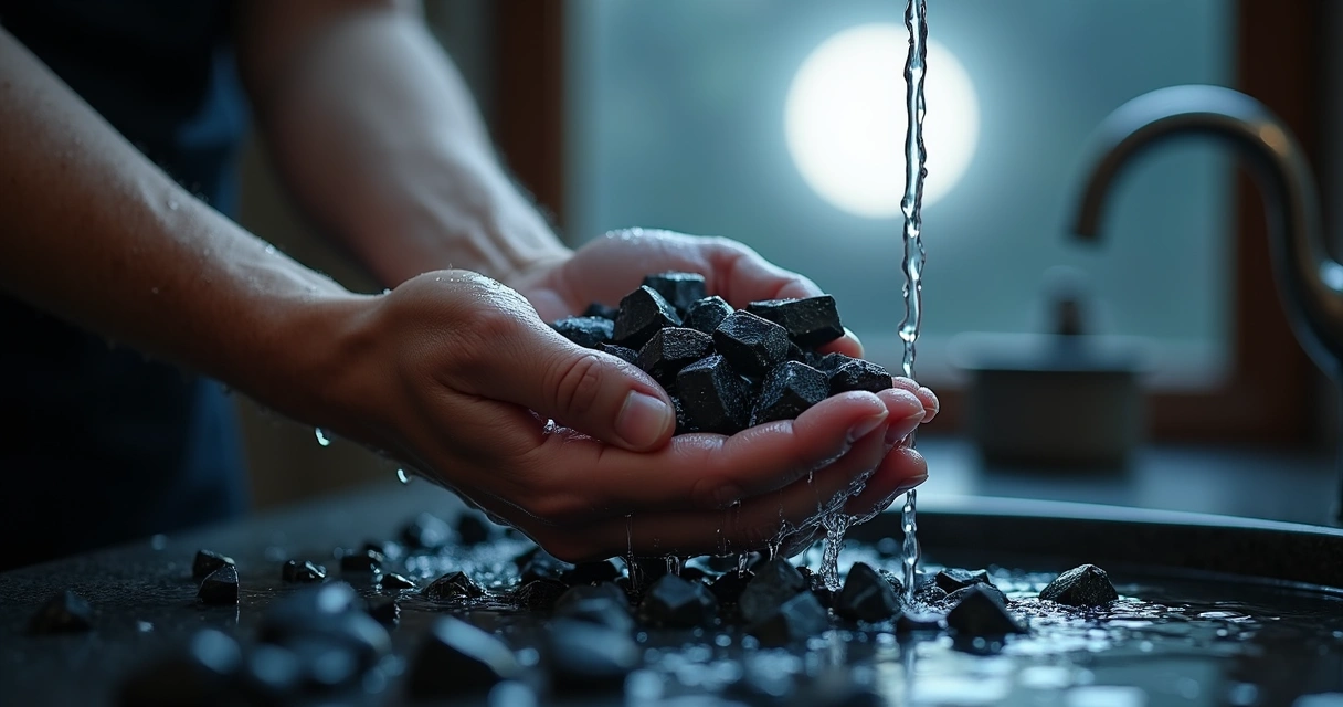 Mãos lavando cristais pretos em água corrente com luz de lua cheia ao fundo 
