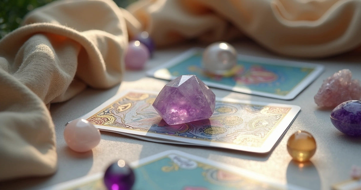 Cristais diversos ao redor de cartas de tarot em uma mesa clara 