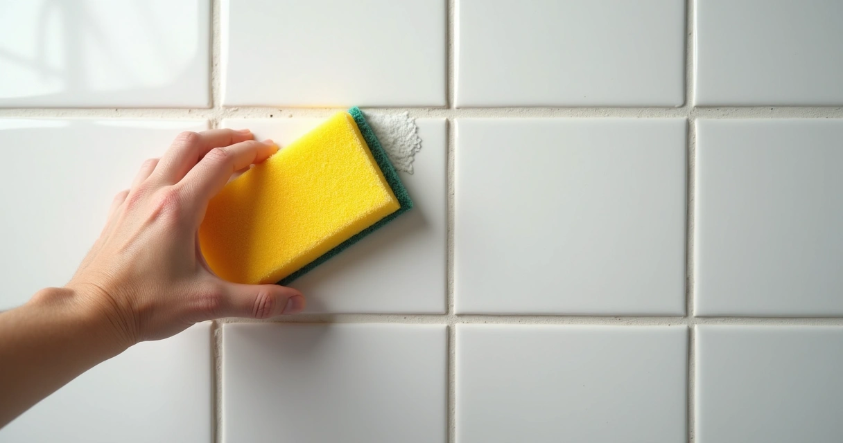 Pessoa limpando rejunte de azulejo com esponja 