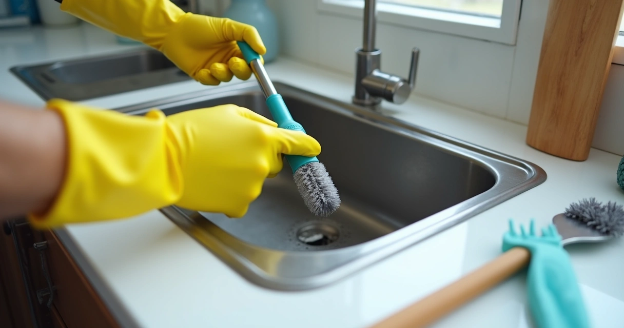 Pessoa com luvas usando escovilhão flexível para limpar um sifão de pia 