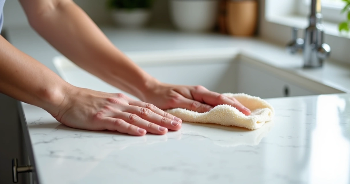Pessoa limpando bancada de quartzo branco 