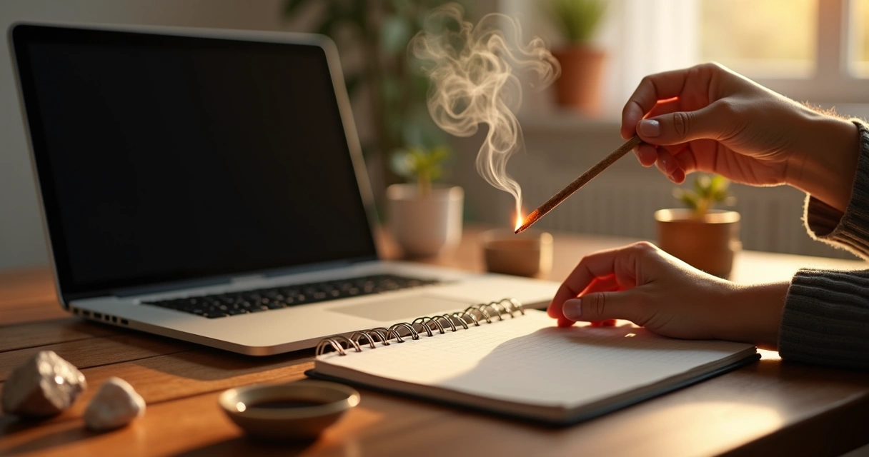 Pessoa passando incenso ao redor de notebook em mesa de madeira 