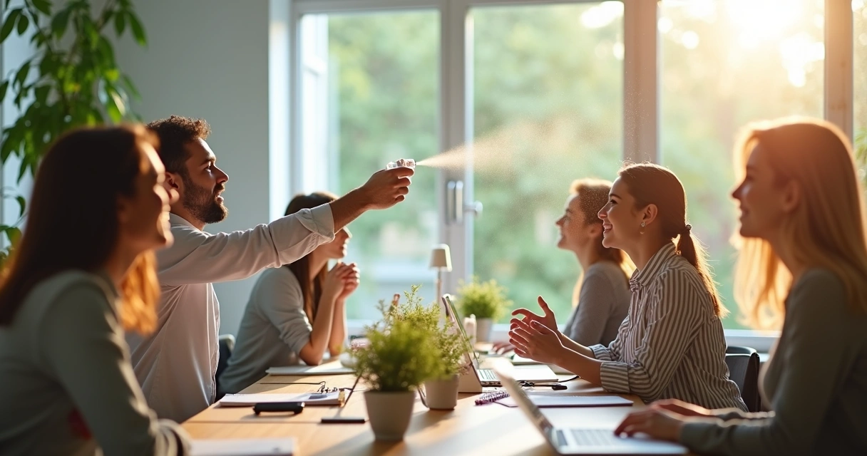 Grupo de pessoas em ambiente coletivo após uso de spray energético 