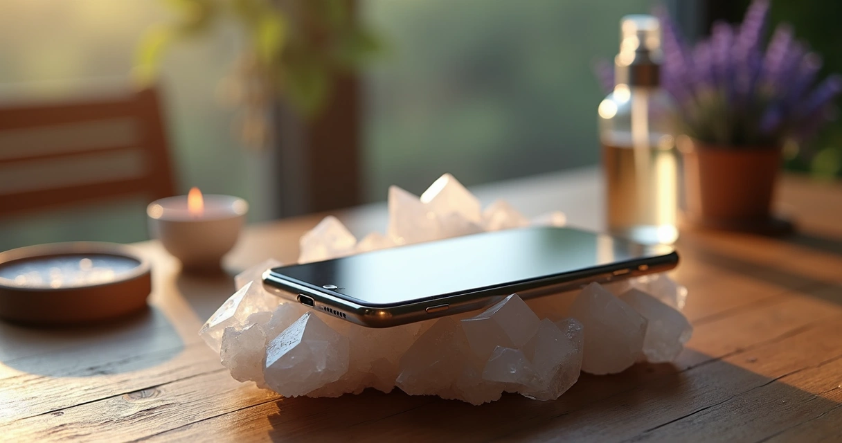 Celular sobre drusa de cristal branco em uma mesa de madeira 