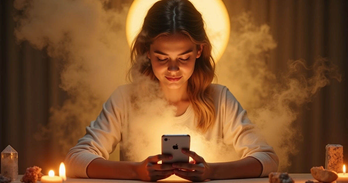 Pessoa com olhos fechados segurando celular e fumaça dourada ao redor 