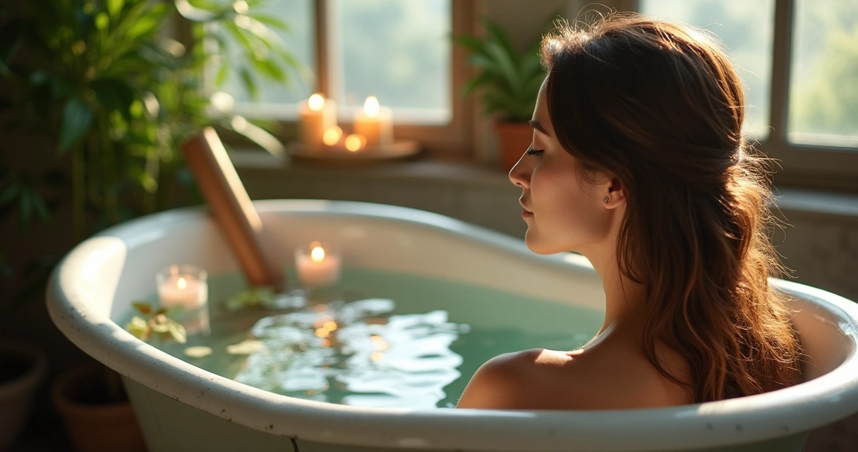 Mulher relaxando em banho de ervas, ambiente suave com velas e plantas 
