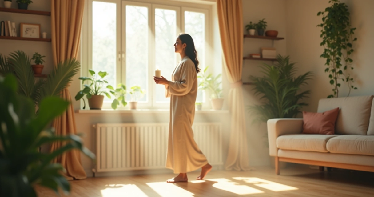 Pessoa caminhando com vela acesa em casa arrumada 