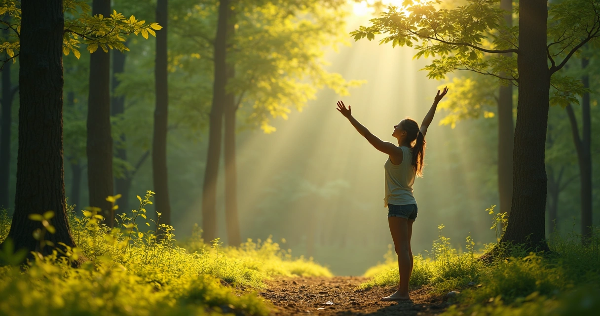 Pessoa em meio à natureza recebendo energia positiva das árvores 
