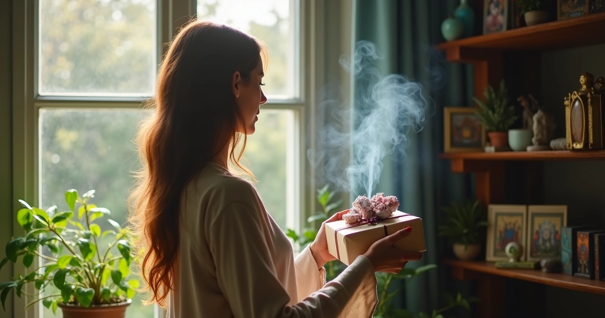 Pessoa defumando objeto presenteado para limpeza energética. 