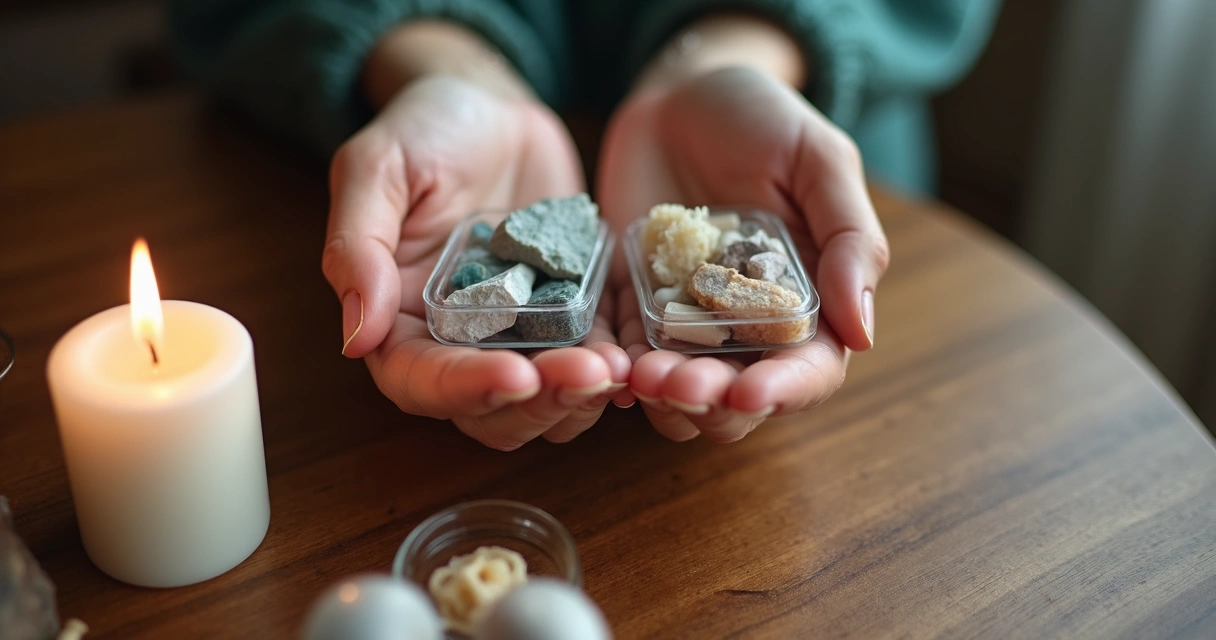 Pessoa segurando cristais e remédios em cima de uma mesa 