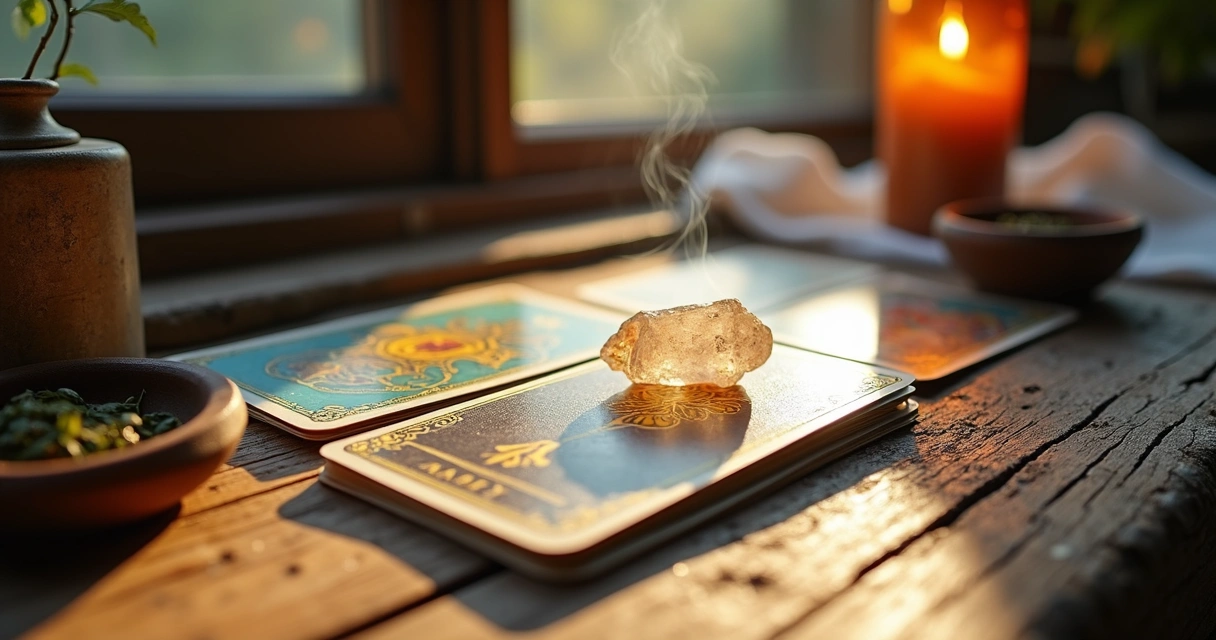 Cartas de tarot sendo limpas com incenso e cristal sobre mesa iluminada por luz natural