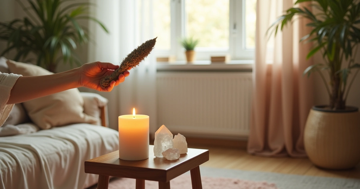 Mãos femininas espalhando fumaça de ervas pelo ambiente 