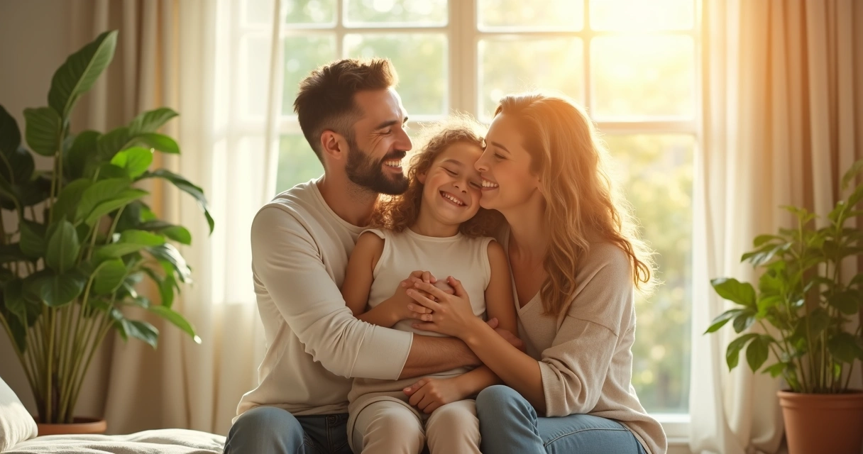 Ambiente iluminado após limpeza espiritual, com família sorridente