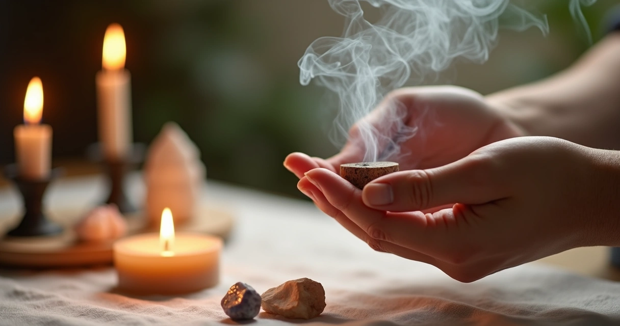 Pessoa realizando ritual de limpeza energética em objeto com fumaça de incenso