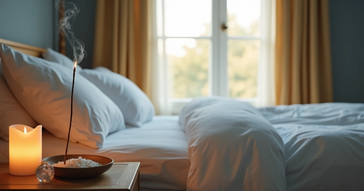 Incenso aceso e luz suave no quarto durante ritual de limpeza