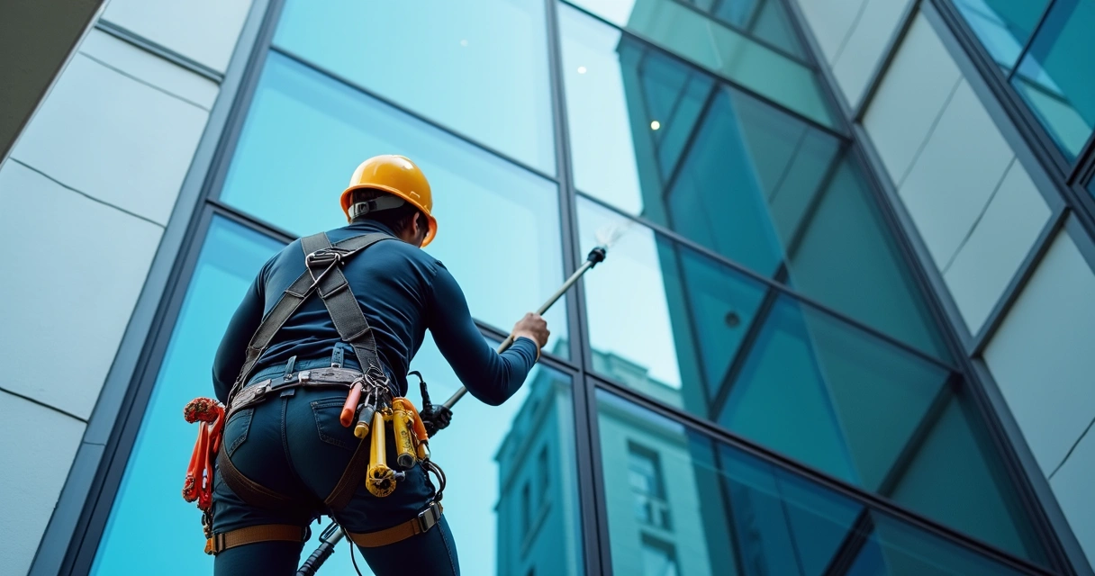 Profissional usando equipamento de segurança para limpar fachada de vidro alto 