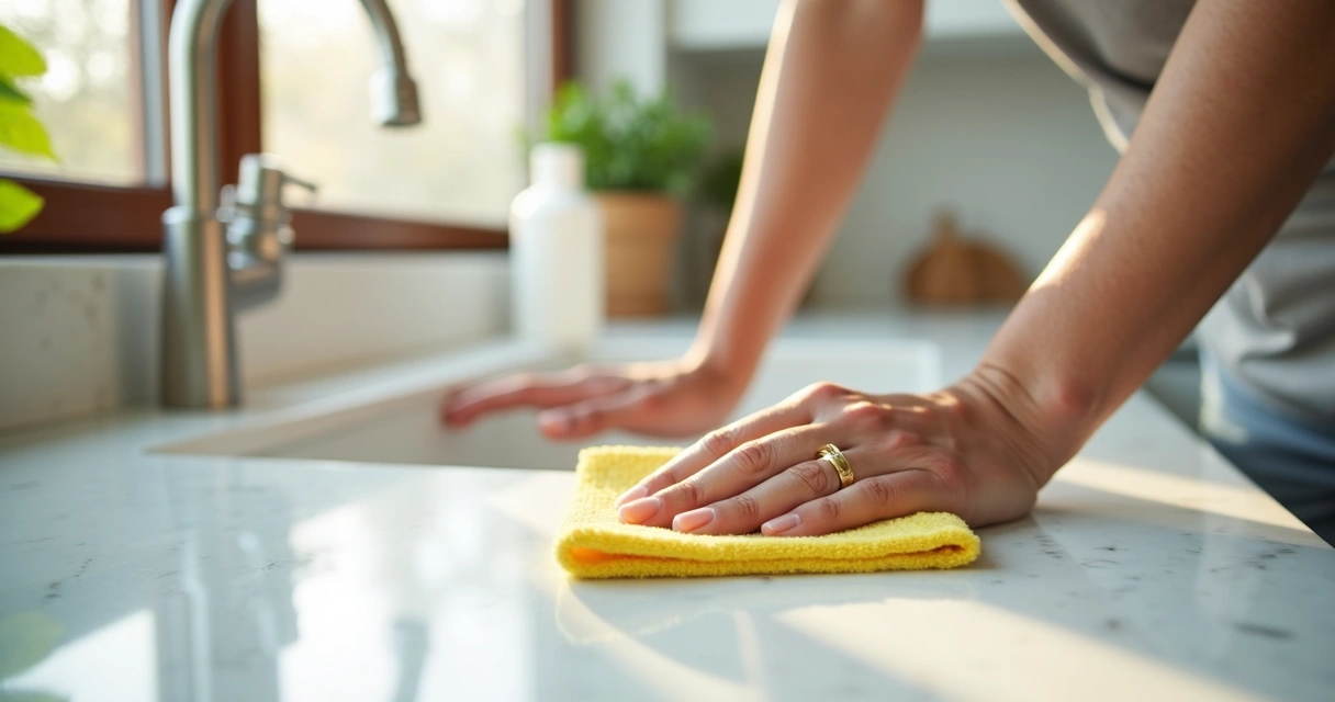 Pessoa limpando bancada de pedra com pano úmido e detergente neutro 