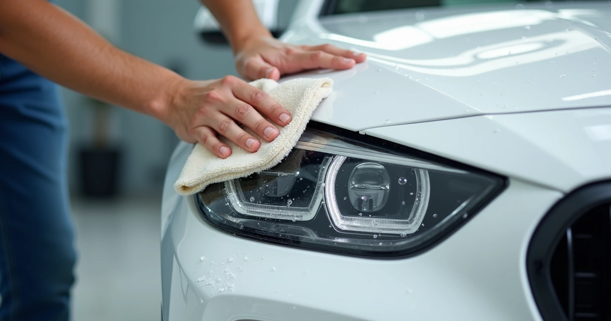 Pessoa limpando farol de carro com pano de microfibra 