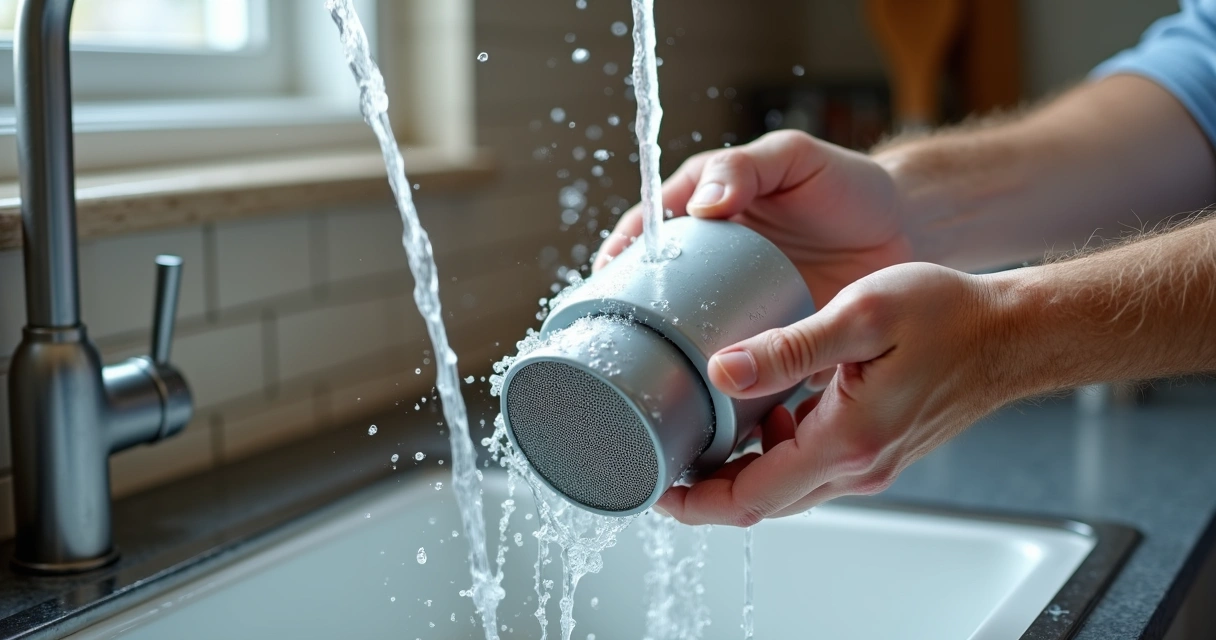 Filtro de depurador de ar sendo limpo embaixo da torneira 