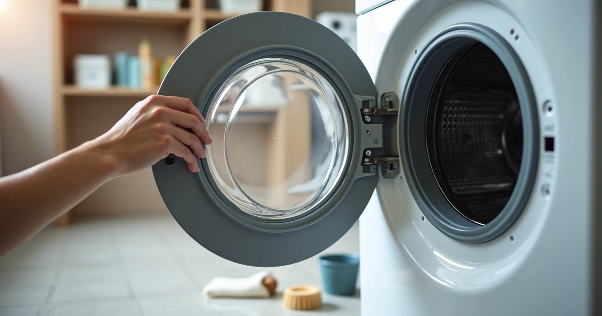 Limpeza do filtro de máquina de lavar em área de serviço