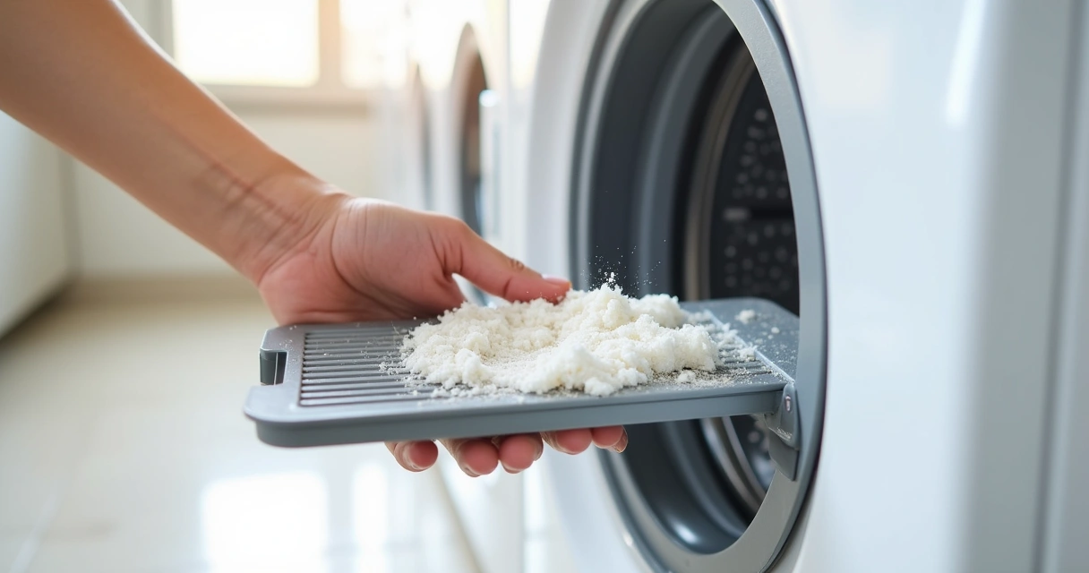 Mão limpando o filtro da máquina de lavar 