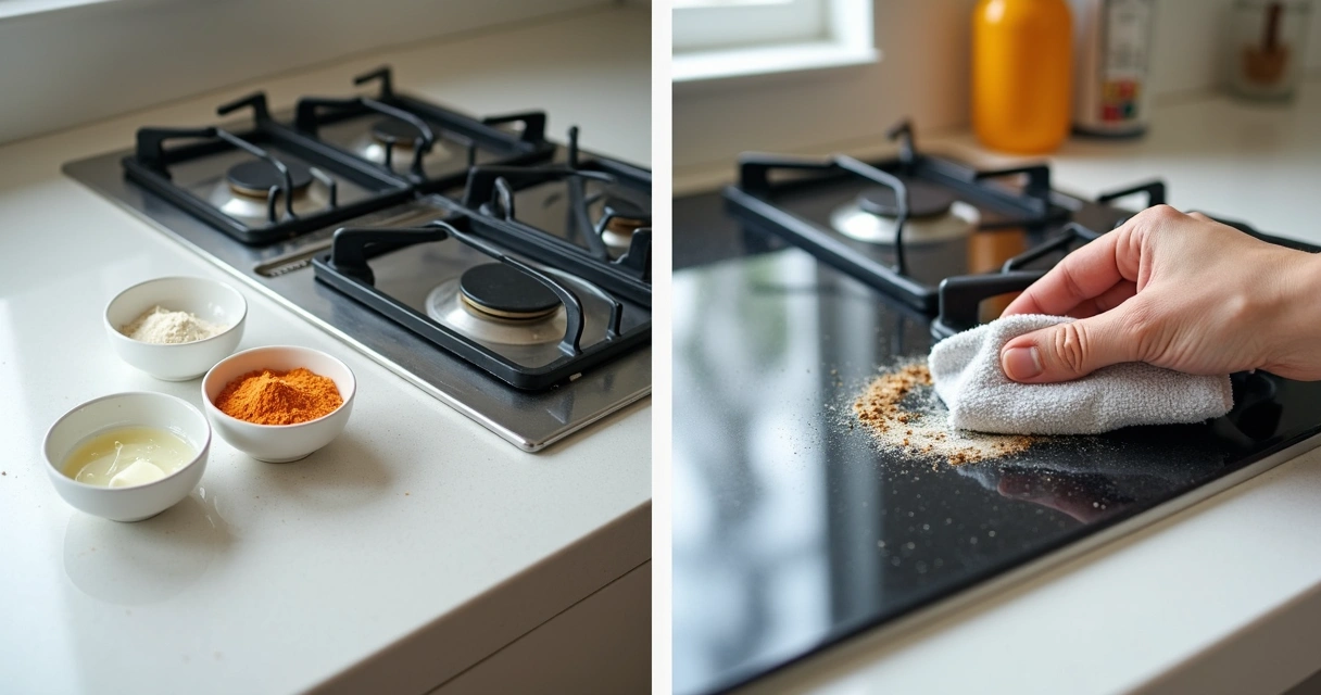 Passos de limpeza do fogão, com peças desmontadas e ingredientes caseiros 