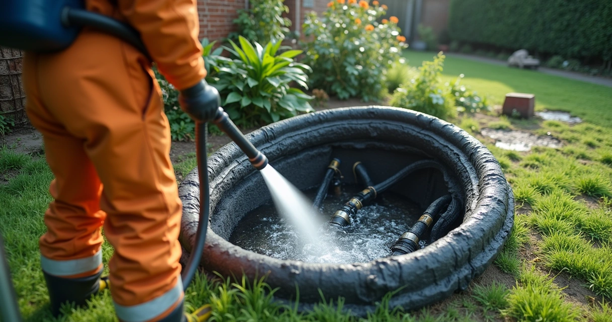 Profissional usando mangueira de alta pressão para limpar fossa séptica