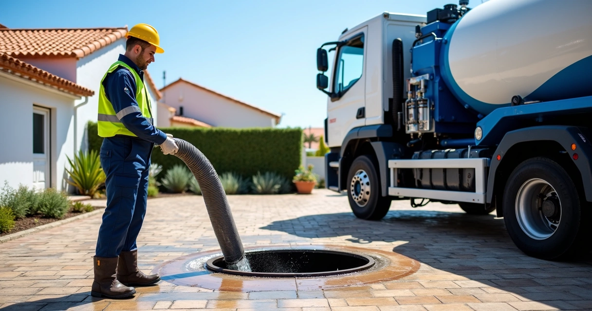 Técnico realizando limpeza profissional em fossa séptica residencial com caminhão de sucção 