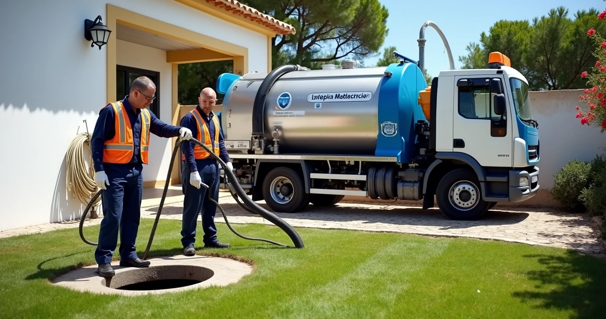 Equipa técnica a limpar fossa séptica enterrada num quintal no Algarve 