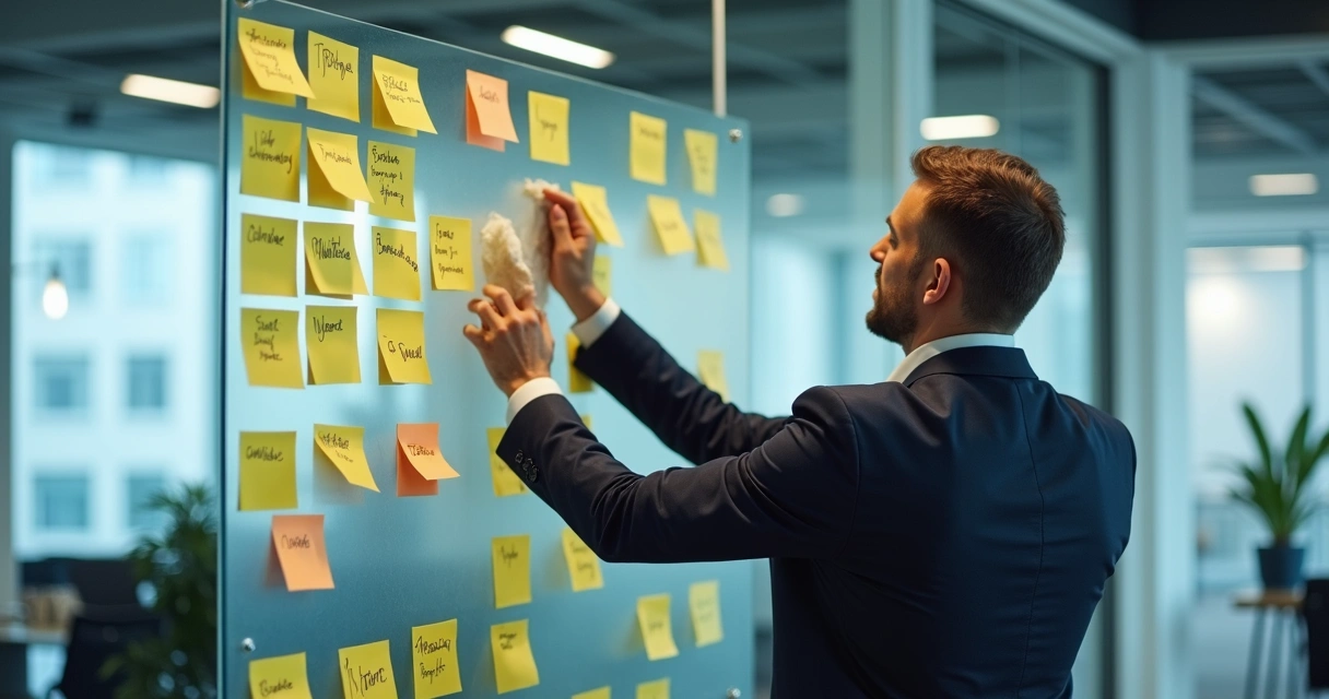 Pessoa limpando quadro branco de gestão de oportunidades de vendas 