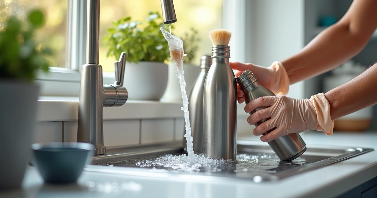 Garrafas térmicas sendo lavadas na pia 