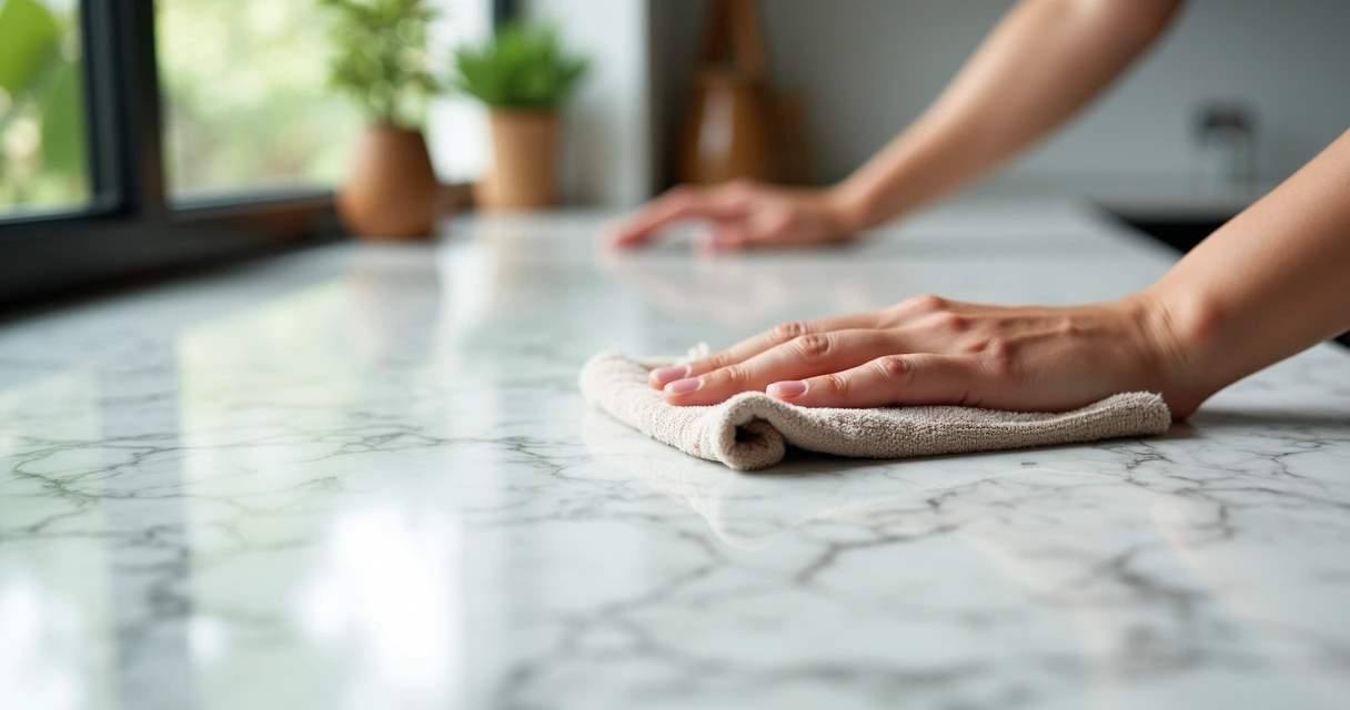 Pessoa limpando bancada de granito branco com pano macio 