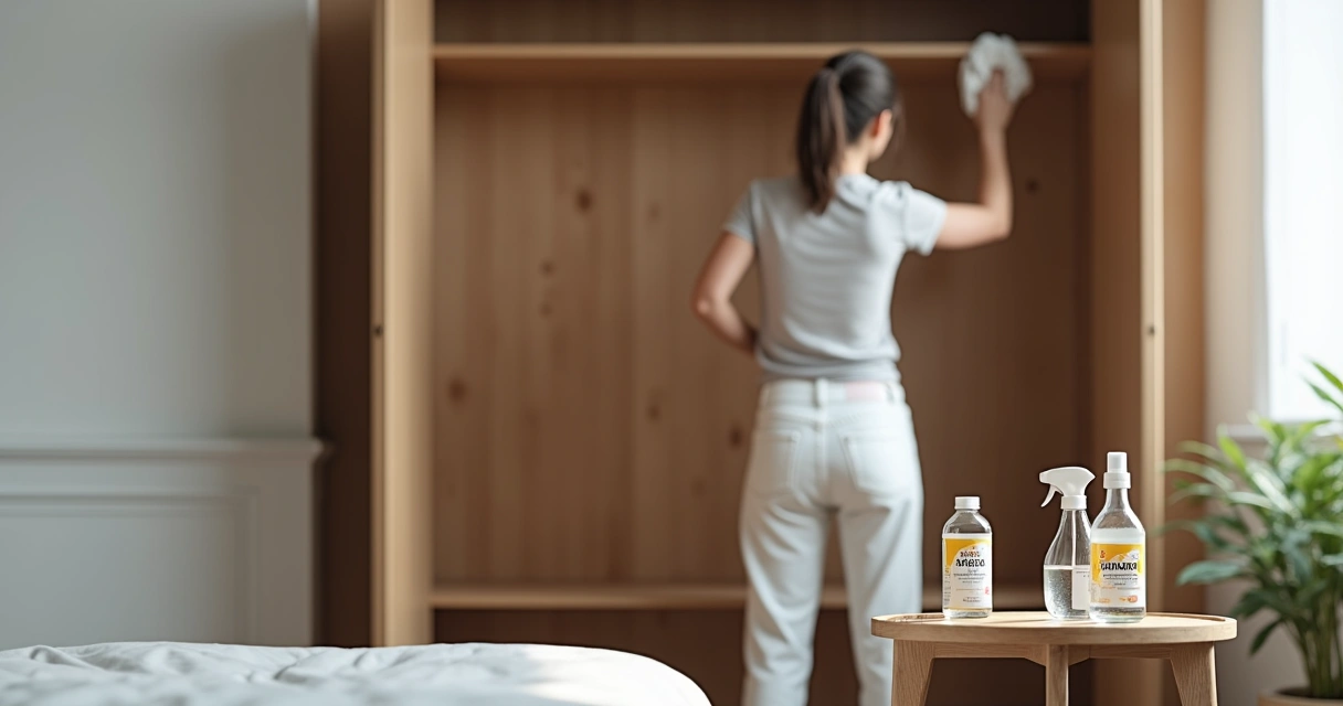 Pessoa limpando guarda-roupa com pano úmido e produtos caseiros 