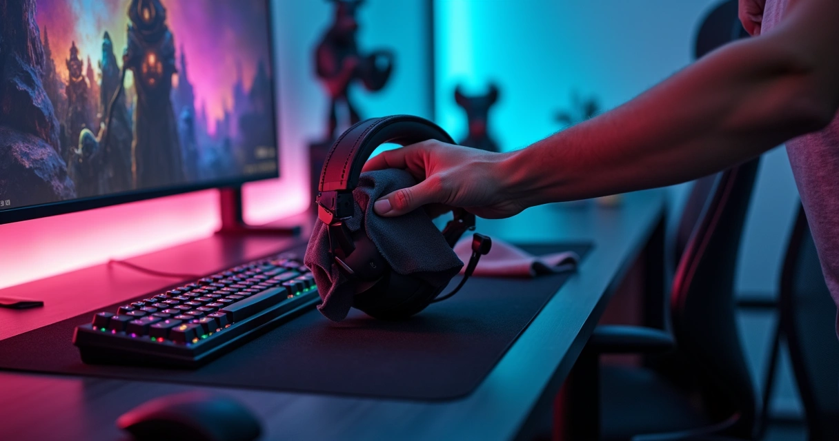 Pessoa limpando headset em mesa organizada 
