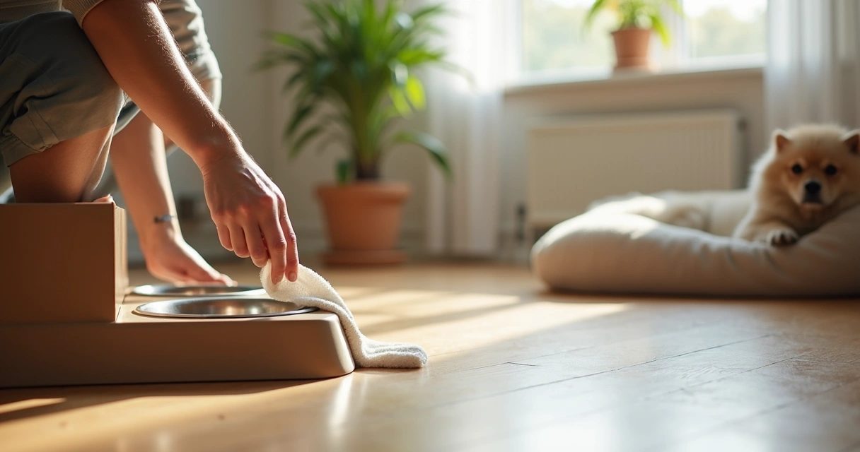 Pessoa a limpar chão de madeira próximo de comedouro para animais 