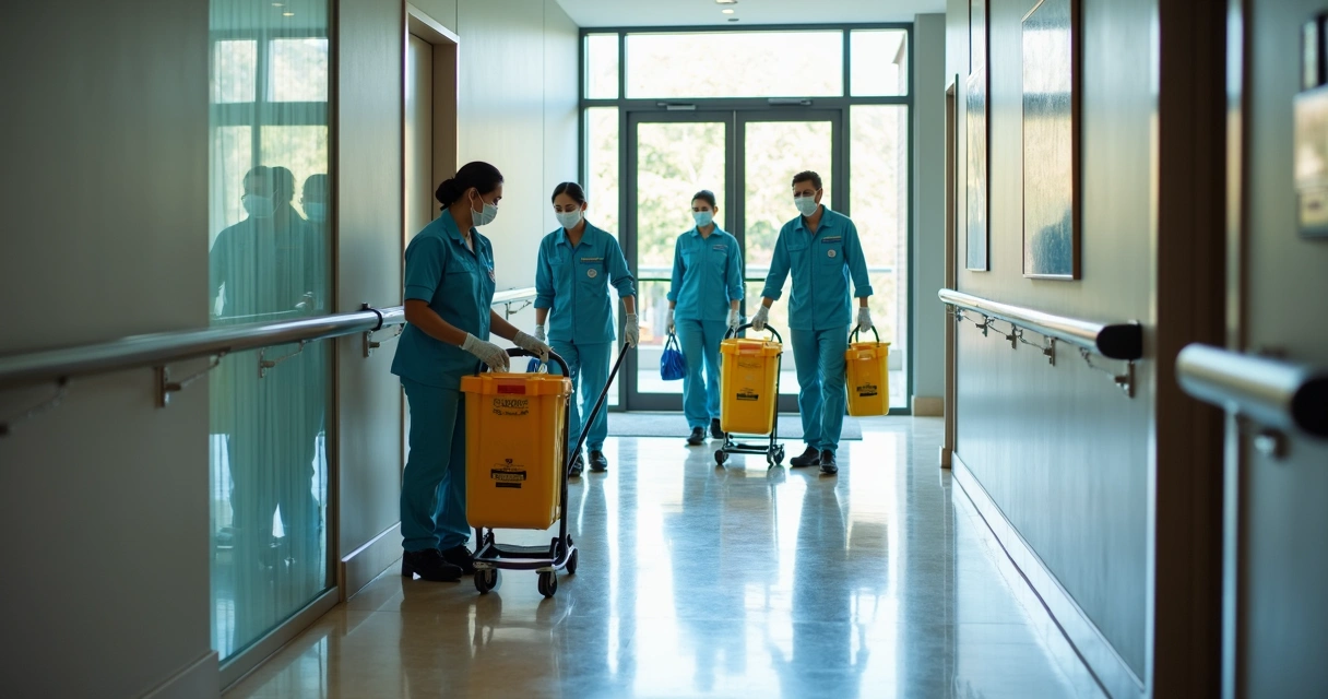Equipe de limpeza realizando higienização em condomínio, uniformizada e usando EPIs 