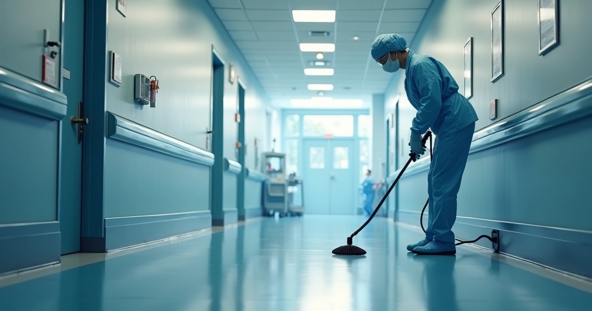 Funcionário limpando corredor hospitalar moderno 