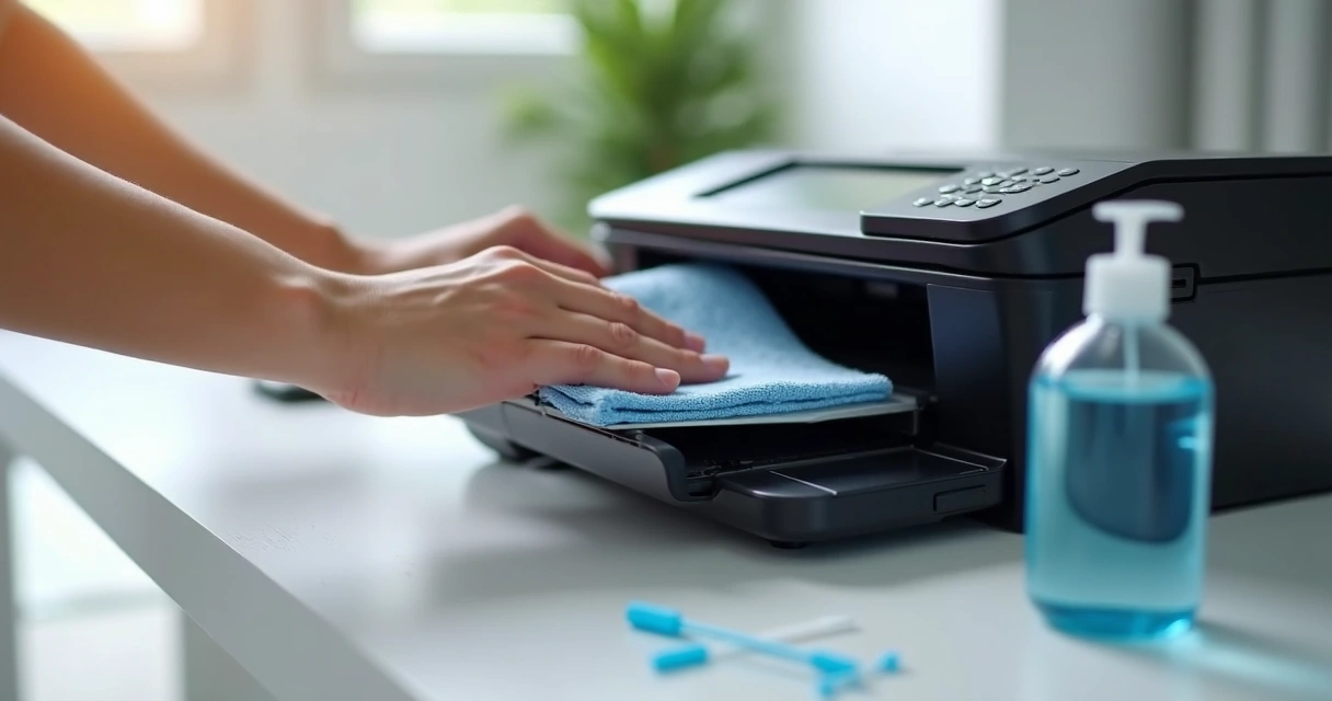 Pessoa limpando impressora com pano microfibra 