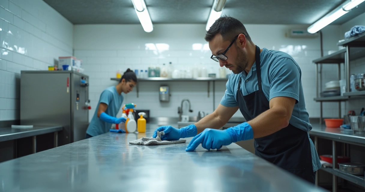 Profissional limpando superfícies inox de uma cozinha industrial 