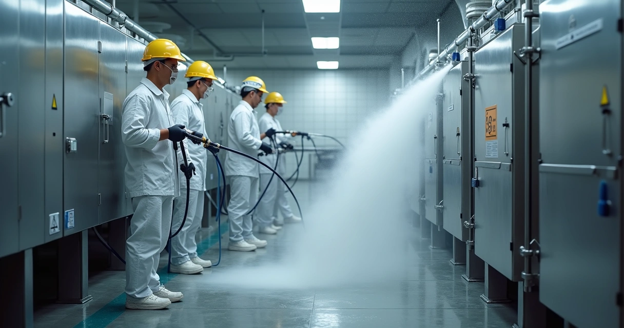 Funcionários realizando limpeza econômica em equipamentos alimentícios 