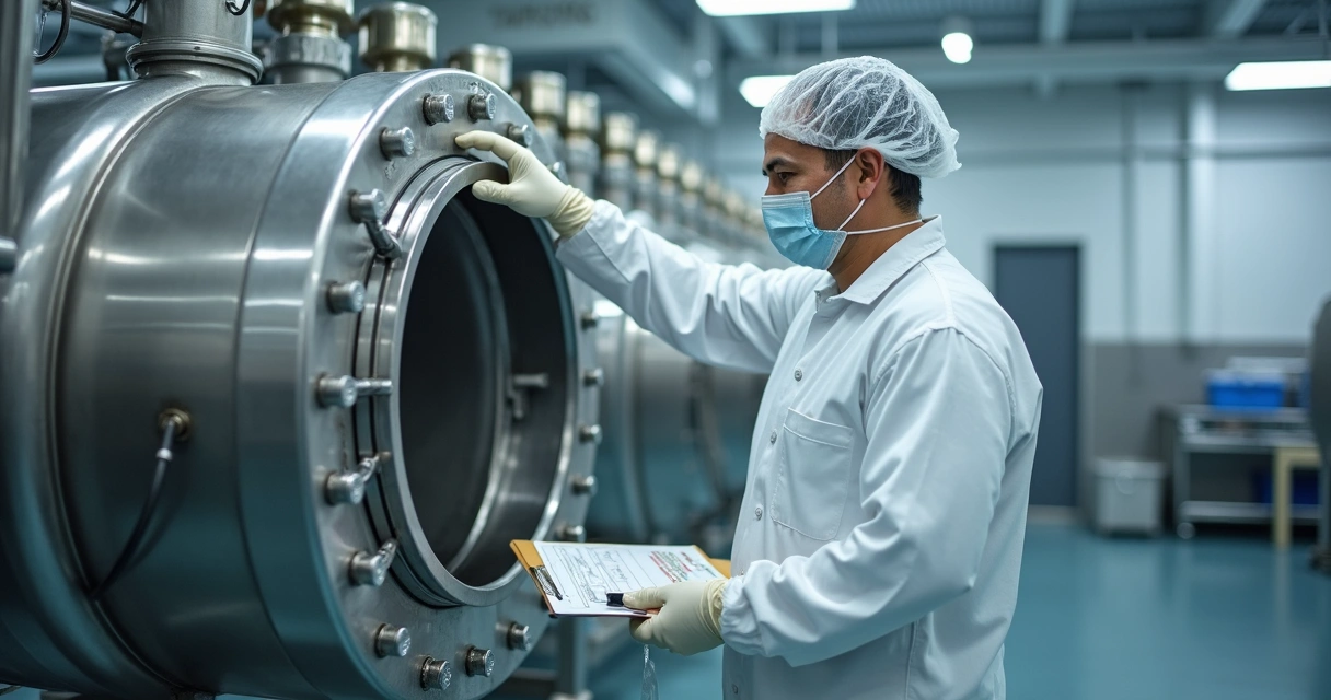 Funcionário limpando máquina industrial com equipamentos de proteção 