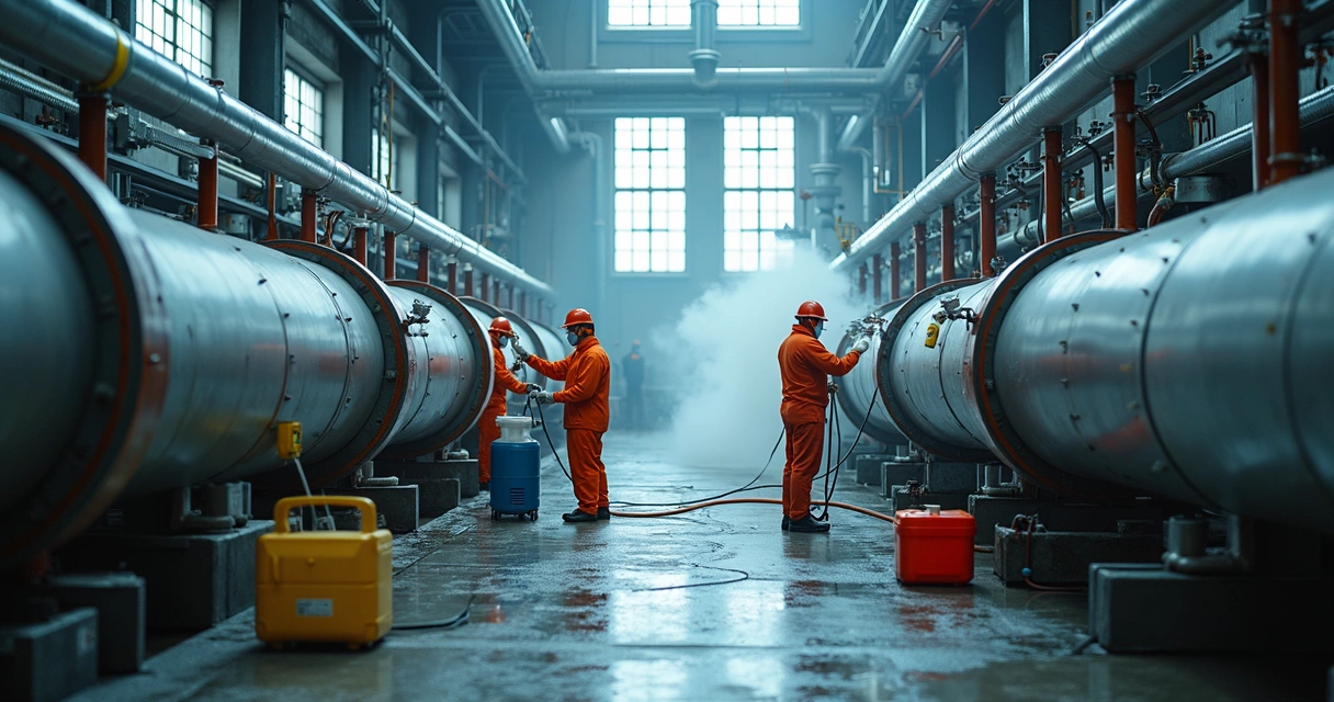 Processo de limpeza química em tubulação industrial com técnicos e equipamentos modernos