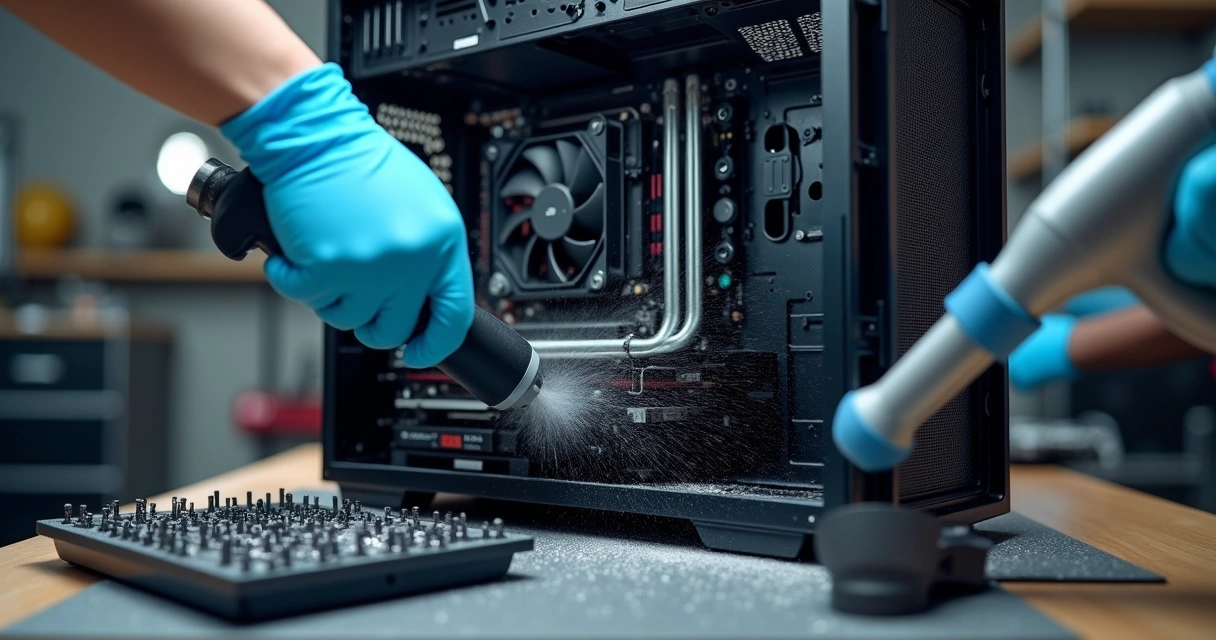 Limpeza interna de computador desktop com remoção de poeira 