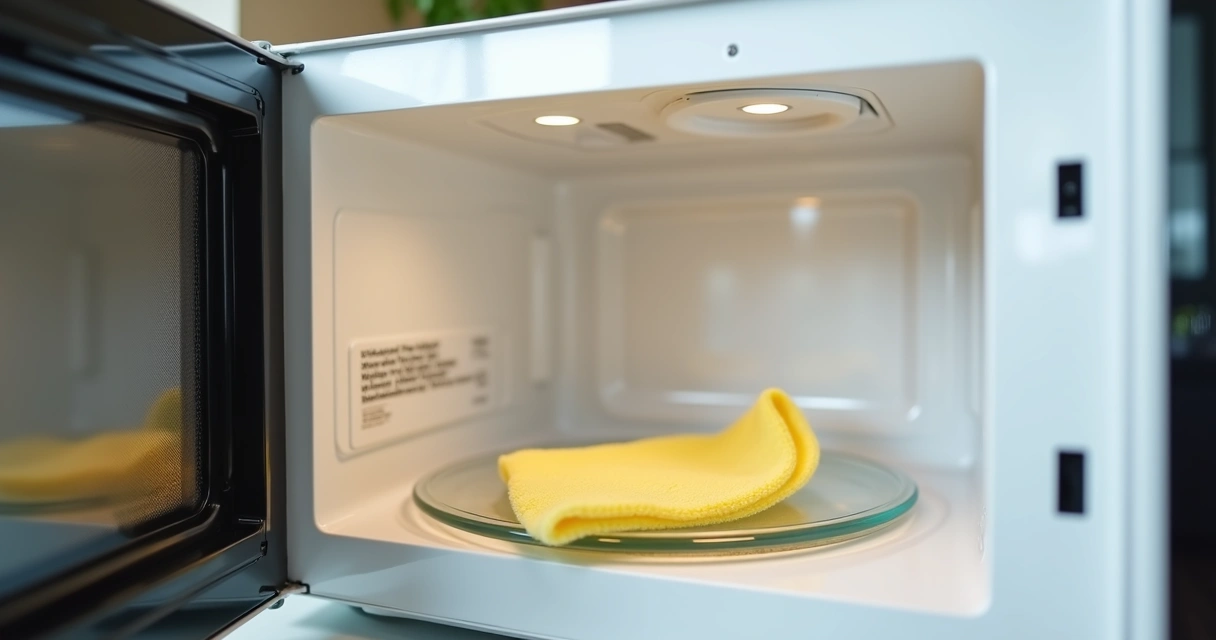Pano limpando o interior de um micro-ondas branco 