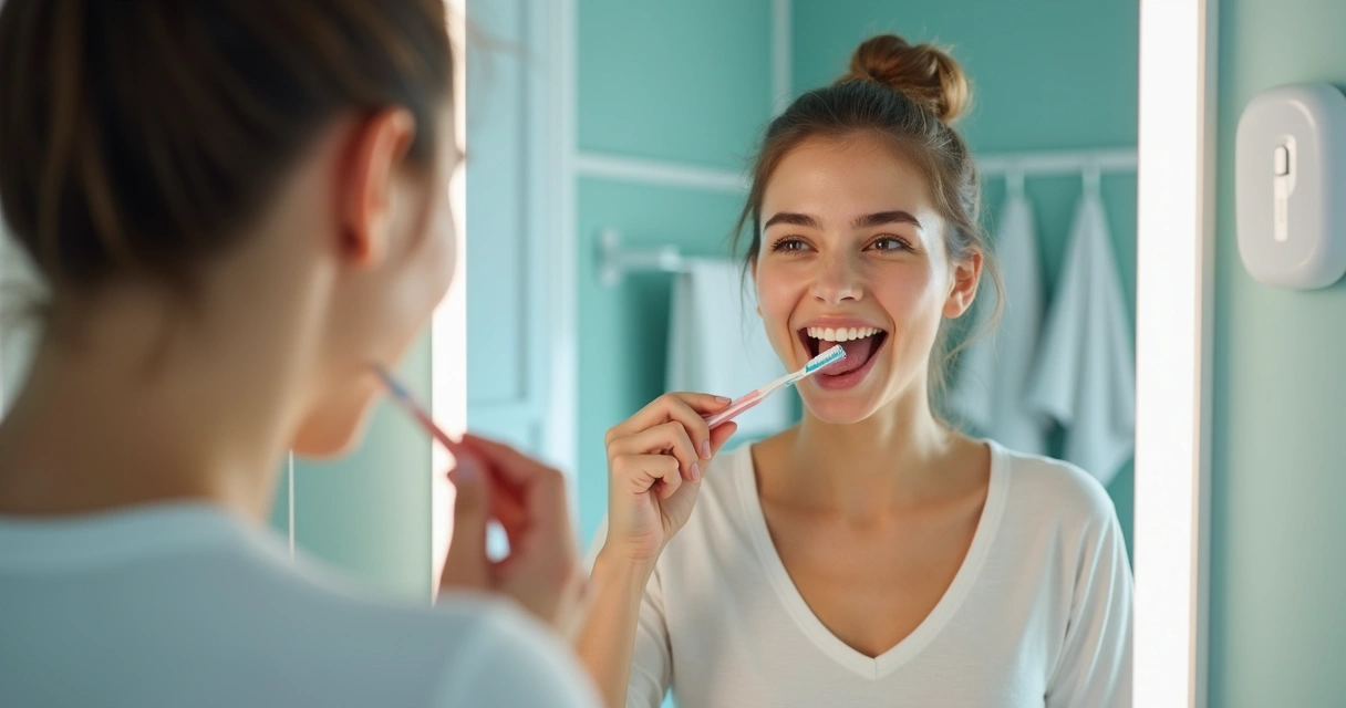 Pessoa limpando a língua com escova diante do espelho 